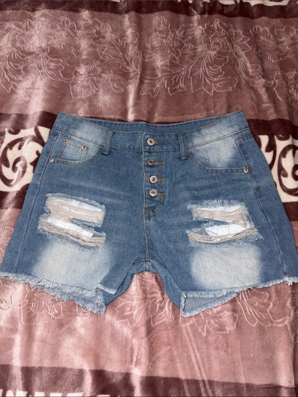 NWOT Distressed Blue Denim Women's Shorts - Casual Button-Front